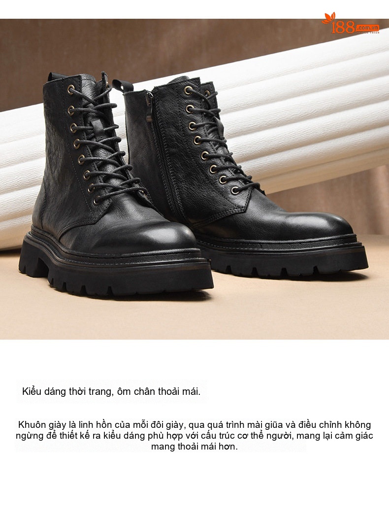 Boot Martin Nam Cao Cổ Da Thật Chiều Cao Đế Khoảng 5cm Phong Cách Anh Quốc Màu Nâu, Đen chi tiết 3