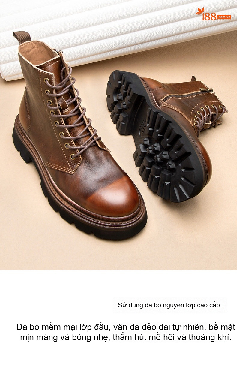 Boot Martin Nam Cao Cổ Da Thật Chiều Cao Đế Khoảng 5cm Phong Cách Anh Quốc Màu Nâu, Đen chi tiết 4