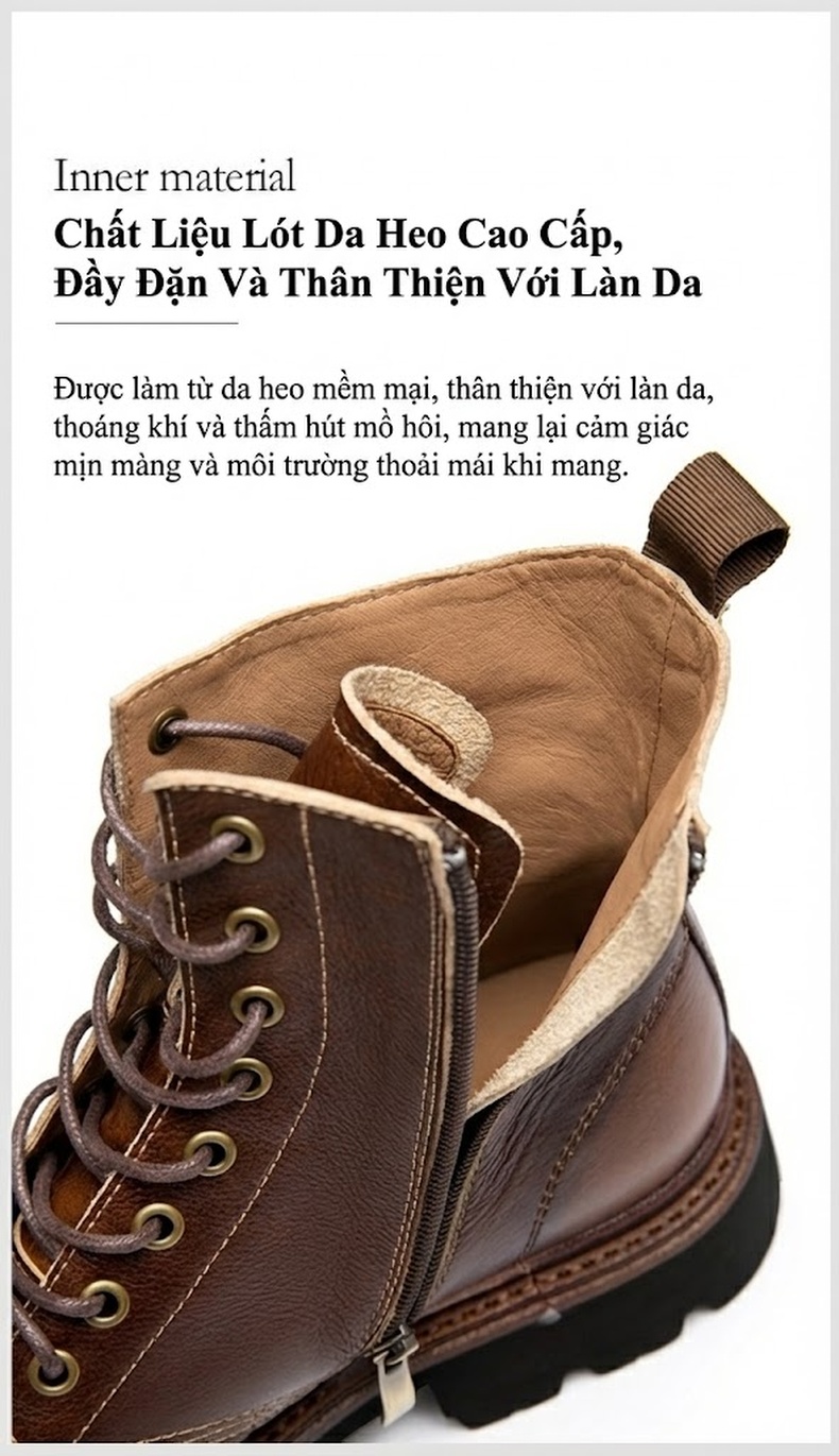 Boot Martin Nam Cao Cổ Da Thật Chiều Cao Đế Khoảng 5cm Phong Cách Anh Quốc Màu Nâu, Đen chi tiết 11