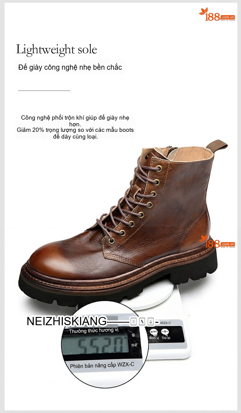 Boot Martin Nam Cao Cổ Da Thật Chiều Cao Đế Khoảng 5cm Phong Cách Anh Quốc Màu Nâu, Đen chi tiết 9