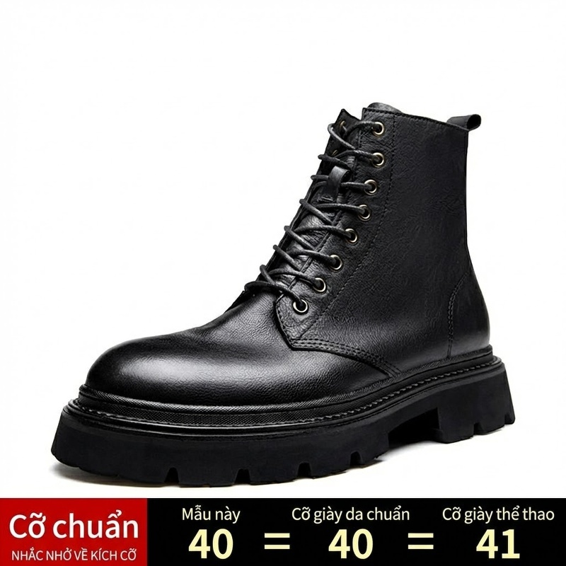 Boot Martin Nam Cao Cổ Da Thật Chiều Cao Đế Khoảng 5cm Phong Cách Anh Quốc Màu Nâu, Đen