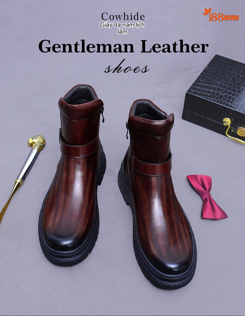 Boot Martin Nam Da Bò Cao Cổ Có Khóa Chiều Cao Đế Khoảng 4cm Màu Đen, Nâu Đỏ chi tiết 1