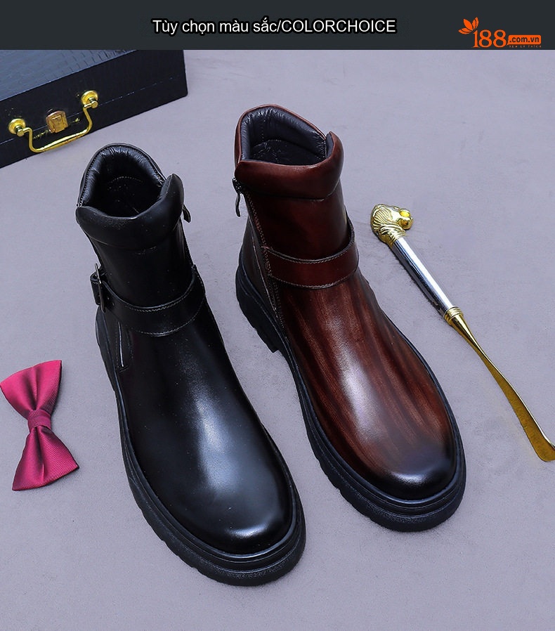 Boot Martin Nam Da Bò Cao Cổ Có Khóa Chiều Cao Đế Khoảng 4cm Màu Đen, Nâu Đỏ chi tiết 2
