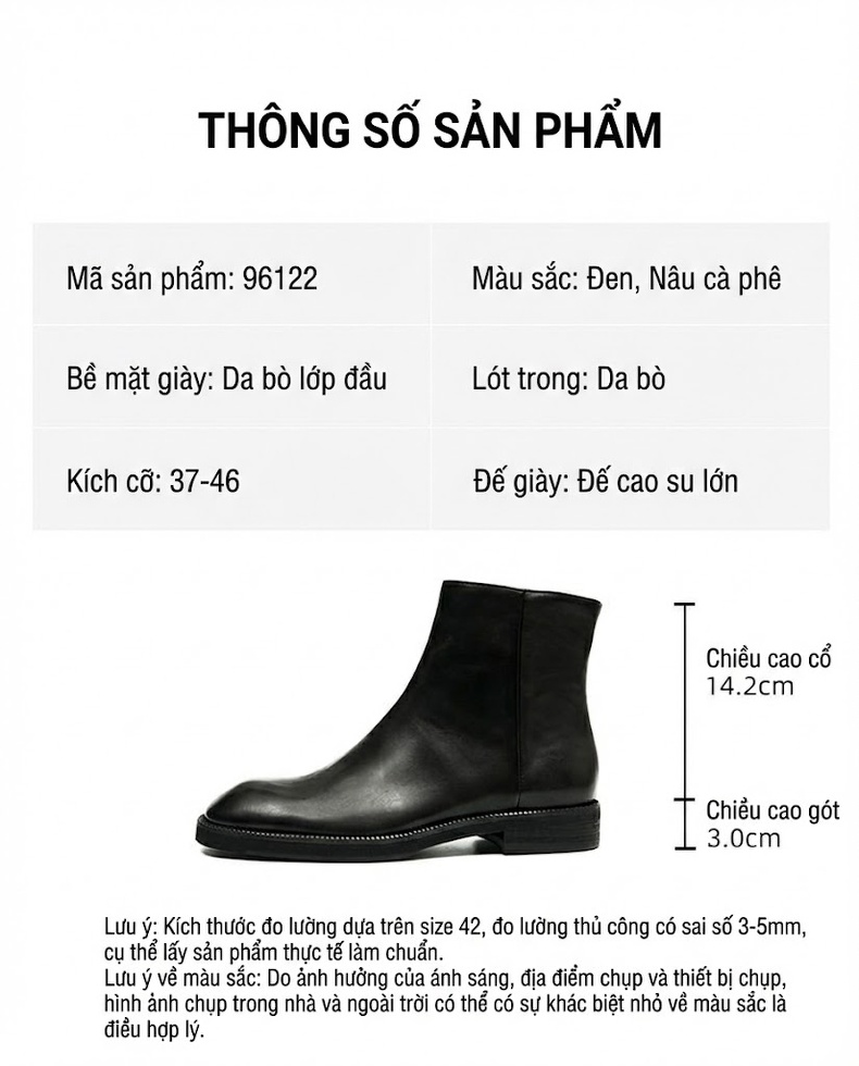 Boot Martin Nam Da Bò Khóa Kéo Gót Vuông Chiều Cao Đế Khoảng 3cm Màu Đen, Nâu chi tiết 2
