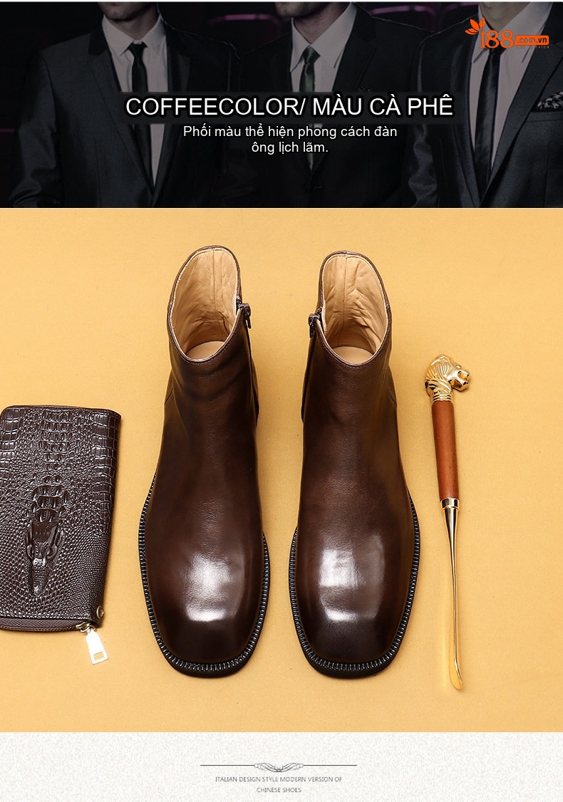 Boot Martin Nam Da Bò Khóa Kéo Gót Vuông Chiều Cao Đế Khoảng 3cm Màu Đen, Nâu chi tiết 4