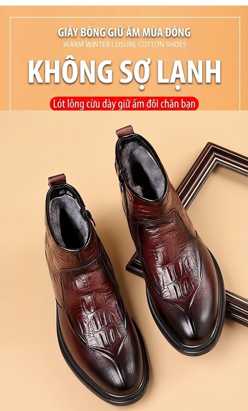 Boot Martin Nam Da Bò Lót Lông Cừu Cao Cổ Chiều Cao Đế Khoảng 3cm Màu Đen, Nâu chi tiết 2