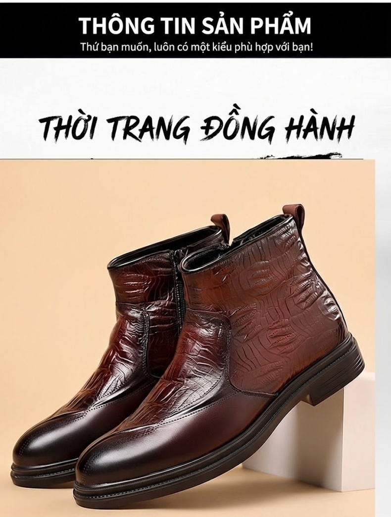 Boot Martin Nam Da Bò Lót Lông Cừu Cao Cổ Chiều Cao Đế Khoảng 3cm Màu Đen, Nâu chi tiết 3