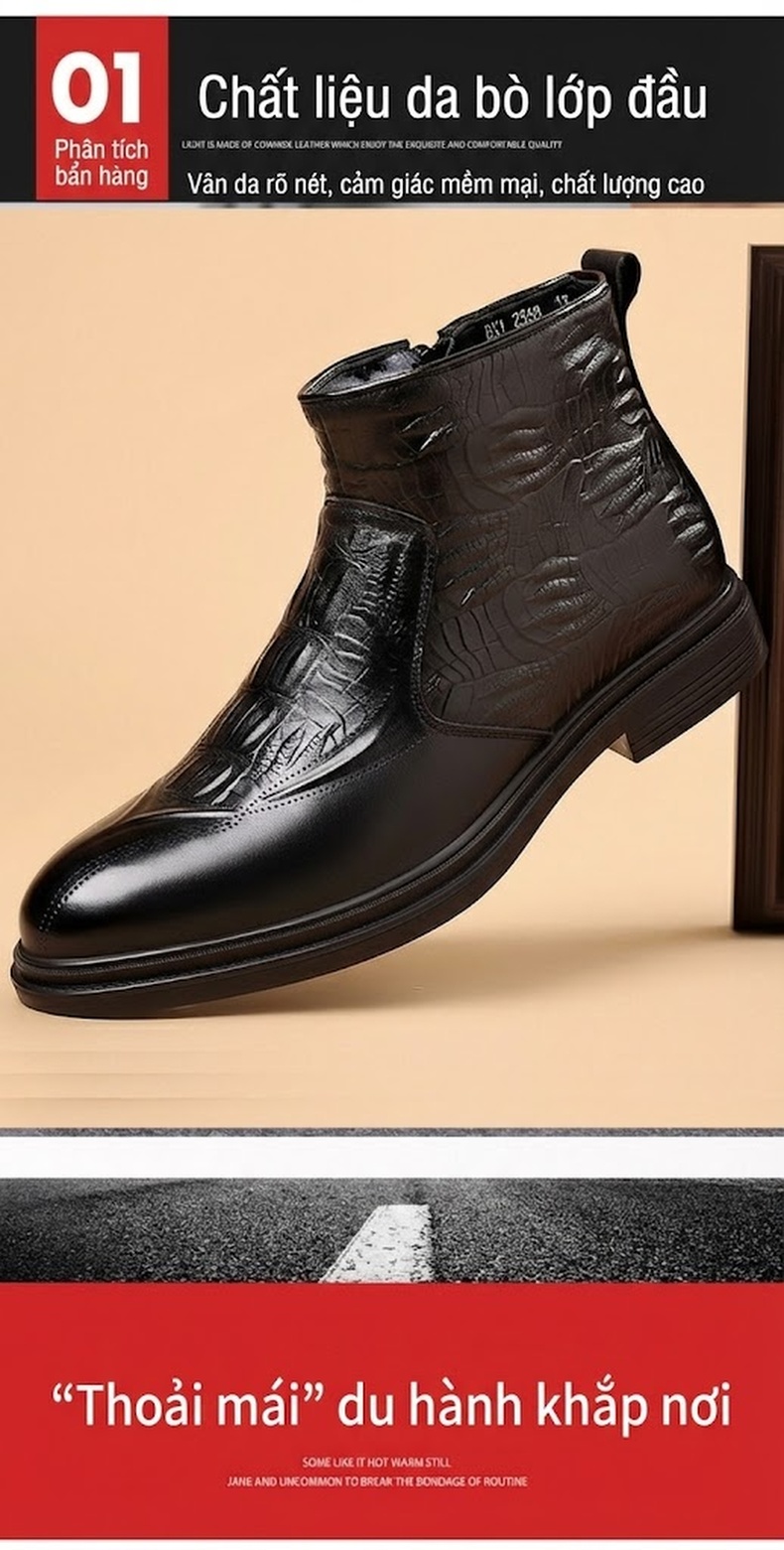 Boot Martin Nam Da Bò Lót Lông Cừu Cao Cổ Chiều Cao Đế Khoảng 3cm Màu Đen, Nâu chi tiết 4