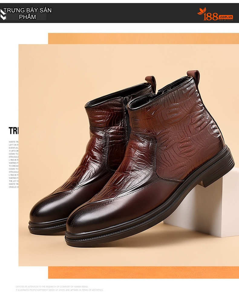 Boot Martin Nam Da Bò Lót Lông Cừu Cao Cổ Chiều Cao Đế Khoảng 3cm Màu Đen, Nâu chi tiết 5