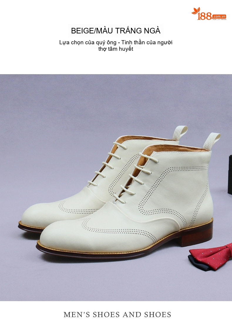 Boot Martin Nam Da Thật Cao Cổ Giày Tây Buộc Dây Chelsea Da Bò Chiều Cao Đế Khoảng 3cm Màu Trắng chi tiết 2