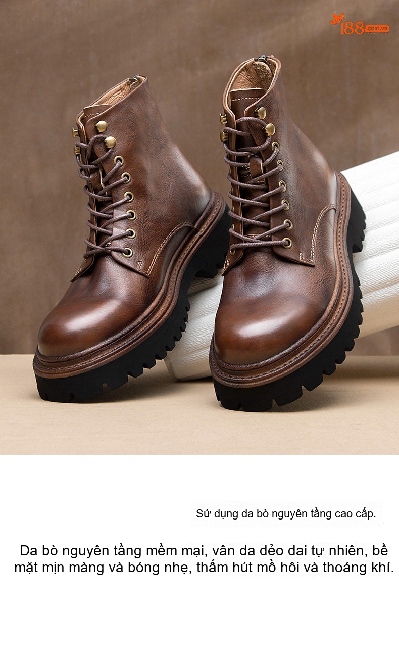 Boot Martin Nam Da Thật Cao Cổ Phong Cách Anh Quốc Chiều Cao Đế Khoảng 5cm Màu Đen, Nâu chi tiết 4