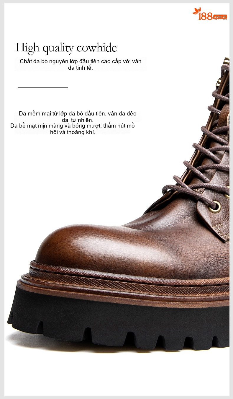 Boot Martin Nam Da Thật Cao Cổ Phong Cách Anh Quốc Chiều Cao Đế Khoảng 5cm Màu Đen, Nâu chi tiết 9