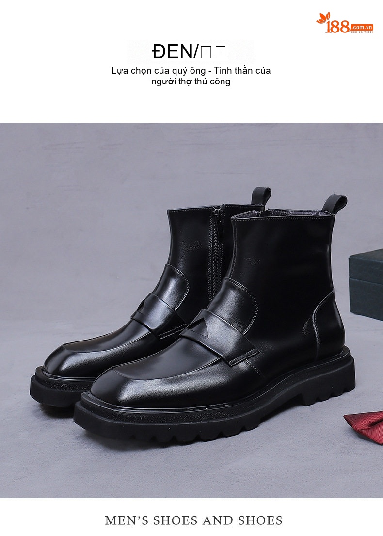 Boot Martin Nam Da Thật Khóa Bên Phong Cách Anh Chiều Cao Đế Khoảng 4cm Màu Đen, Nâu chi tiết 4