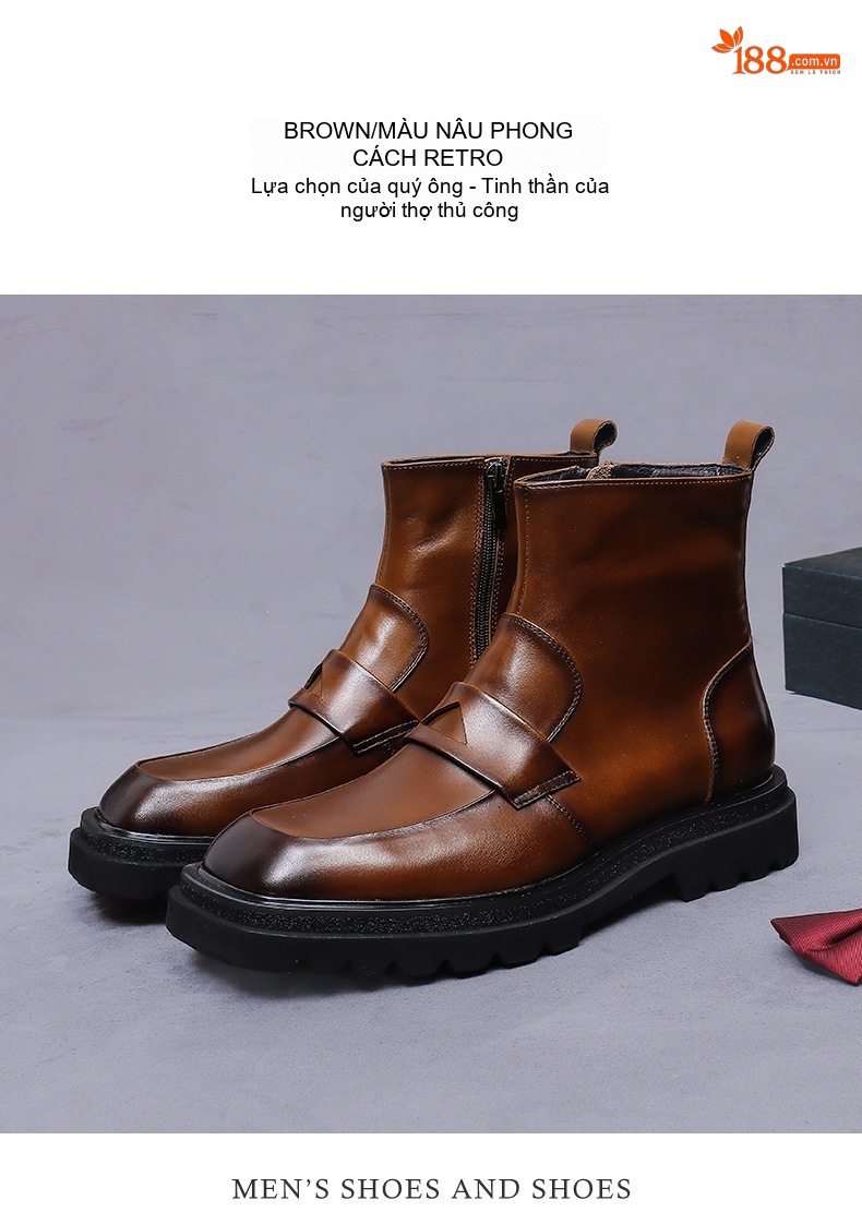 Boot Martin Nam Da Thật Khóa Bên Phong Cách Anh Chiều Cao Đế Khoảng 4cm Màu Đen, Nâu chi tiết 11