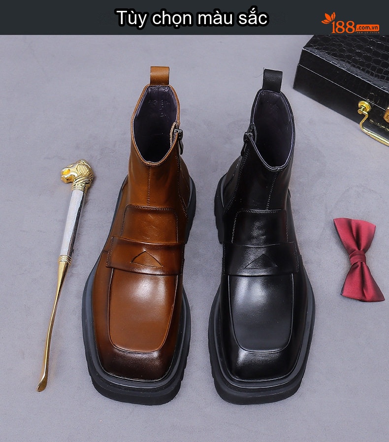 Boot Martin Nam Da Thật Khóa Bên Phong Cách Anh Chiều Cao Đế Khoảng 4cm Màu Đen, Nâu chi tiết 2