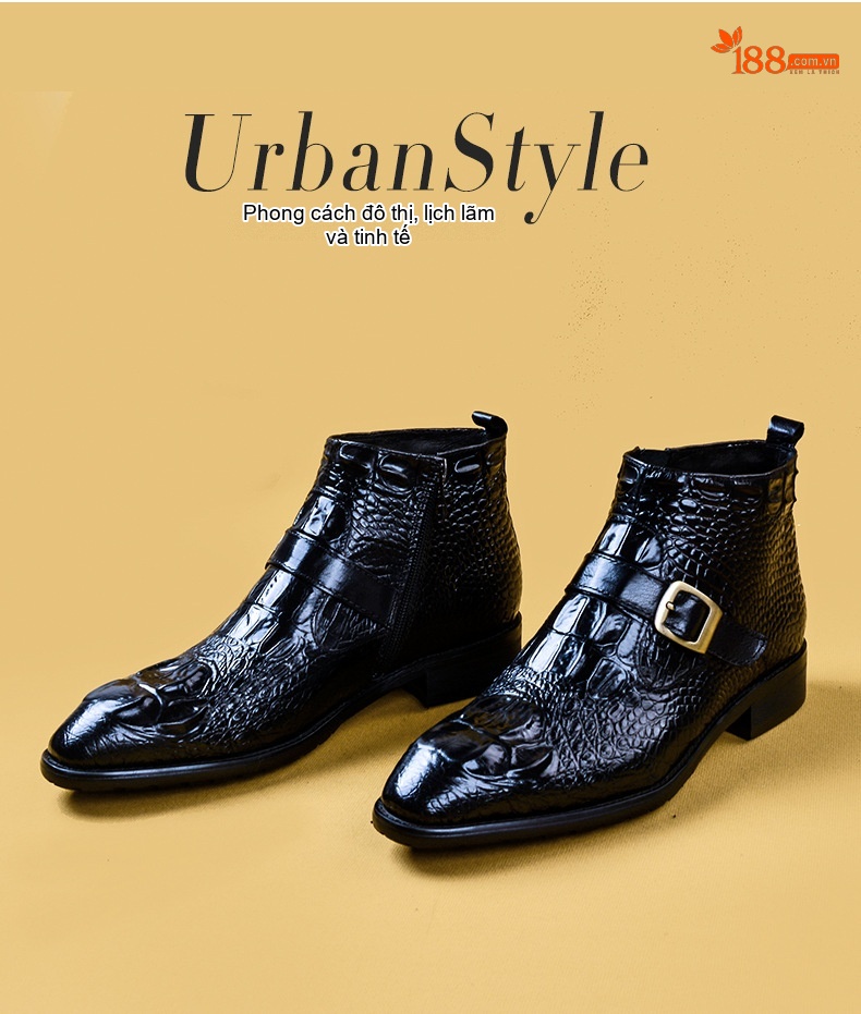 Boot Martin Nam Da Thật Vân Cá Sấu Cao Cổ Phong Cách Anh Chiều Cao Đế Khoảng 3cm Màu Đen, Nâu chi tiết 1