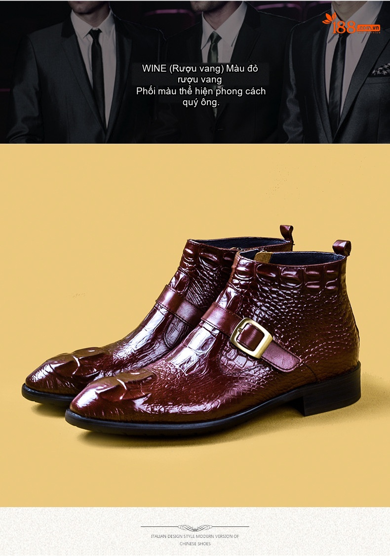Boot Martin Nam Da Thật Vân Cá Sấu Cao Cổ Phong Cách Anh Chiều Cao Đế Khoảng 3cm Màu Đen, Nâu chi tiết 2