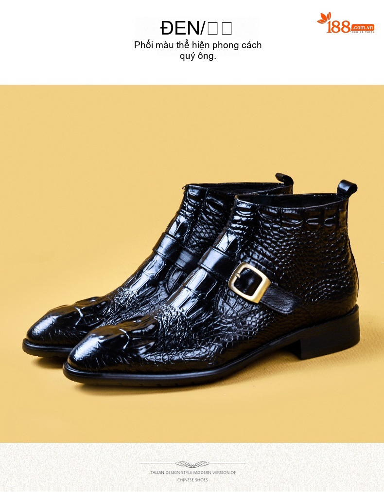Boot Martin Nam Da Thật Vân Cá Sấu Cao Cổ Phong Cách Anh Chiều Cao Đế Khoảng 3cm Màu Đen, Nâu chi tiết 9