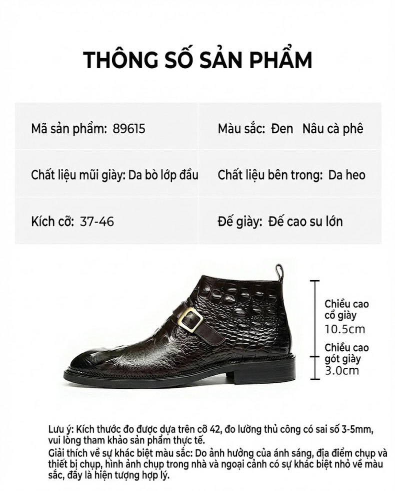 Boot Martin Nam Da Thật Vân Cá Sấu Khóa Kéo Chiều Cao Đế Khoảng 3cm Màu Đen, Nâu chi tiết 2