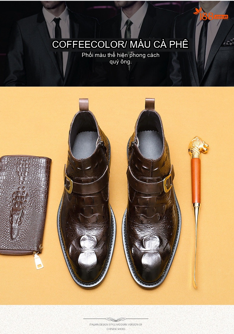 Boot Martin Nam Da Thật Vân Cá Sấu Khóa Kéo Chiều Cao Đế Khoảng 3cm Màu Đen, Nâu chi tiết 4