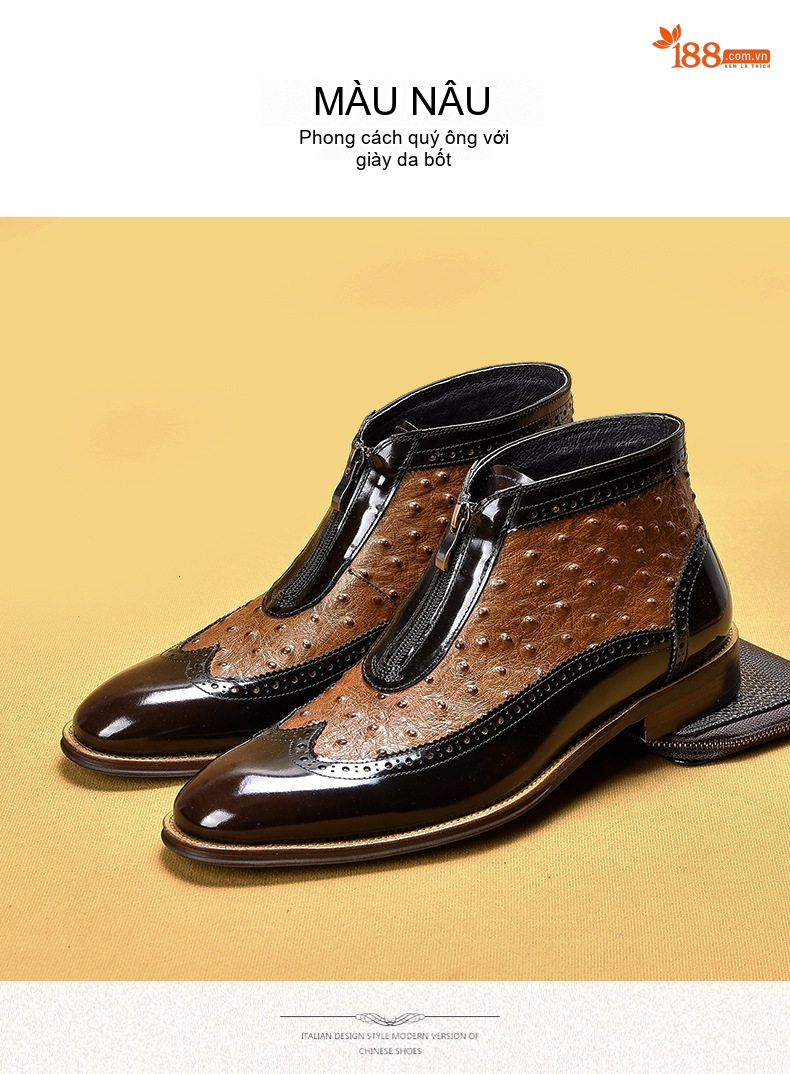 Boot Martin Nam Da Thật Vân Đà Điểu Dập Nổi Khóa Kéo Mũi Nhọn Da Bóng Chiều Cao Đế Khoảng 3cm Màu Đen, Nâu chi tiết 11