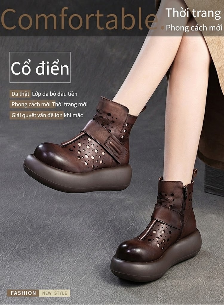 Boot Martin Nữ Cổ Cao Da Mờ Lỗ Thoáng Khí Chiều Cao Đế Khoảng 5cm Màu Đen, Nâu chi tiết 1