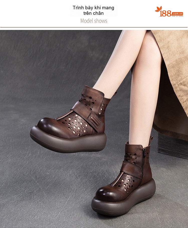 Boot Martin Nữ Cổ Cao Da Mờ Lỗ Thoáng Khí Chiều Cao Đế Khoảng 5cm Màu Đen, Nâu chi tiết 8