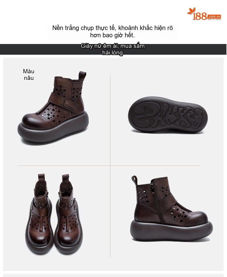 Boot Martin Nữ Cổ Cao Da Mờ Lỗ Thoáng Khí Chiều Cao Đế Khoảng 5cm Màu Đen, Nâu chi tiết 17