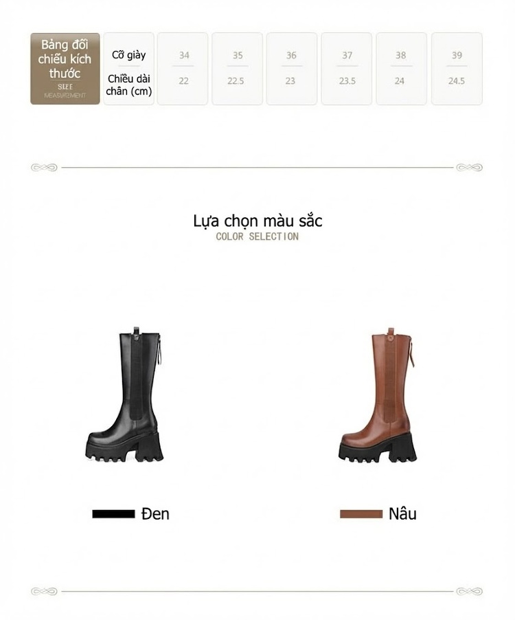 Boot Martin Nữ Cổ Cao Đế Bánh Mì Chiều Cao Đế Khoảng 6cm Khóa Kéo Mũi Vuông Màu Đen, Nâu chi tiết 2
