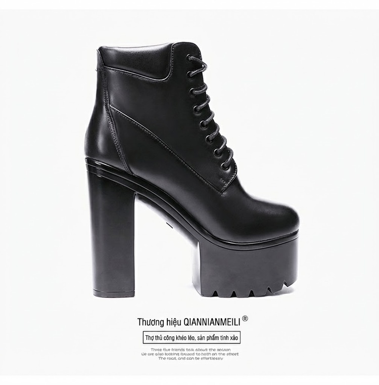 Boot Martin Nữ Cổ Cao Đế Dày 15cm Da Bóng Buộc Dây Phong Cách Âu Mỹ Màu Đen, Trắng chi tiết 16