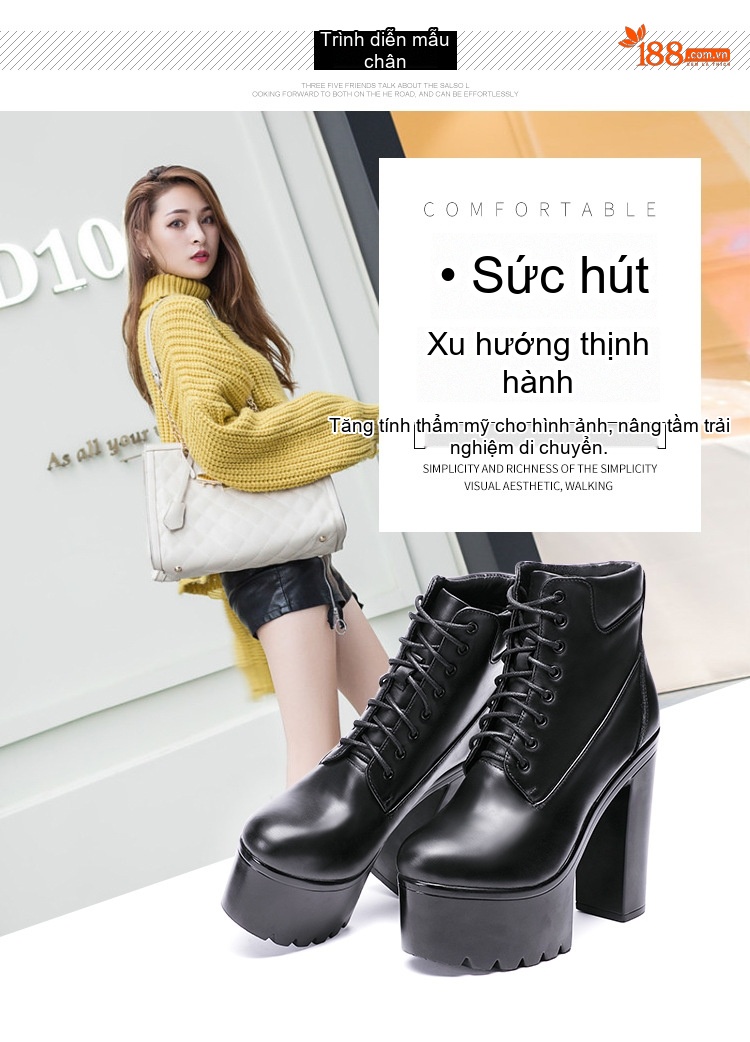 Boot Martin Nữ Cổ Cao Đế Dày 15cm Da Bóng Buộc Dây Phong Cách Âu Mỹ Màu Đen, Trắng chi tiết 7
