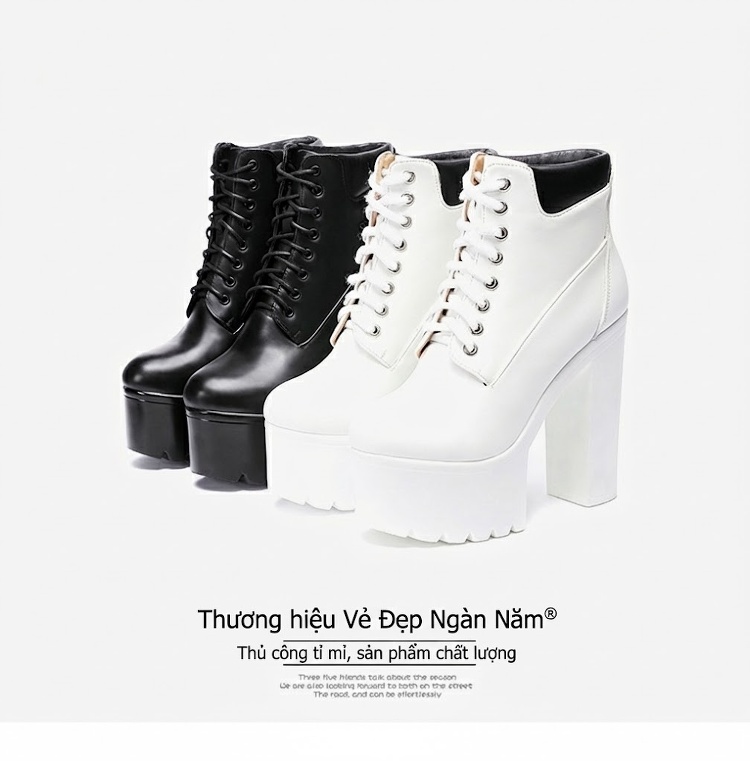 Boot Martin Nữ Cổ Cao Đế Dày 15cm Da Bóng Buộc Dây Phong Cách Âu Mỹ Màu Đen, Trắng chi tiết 18