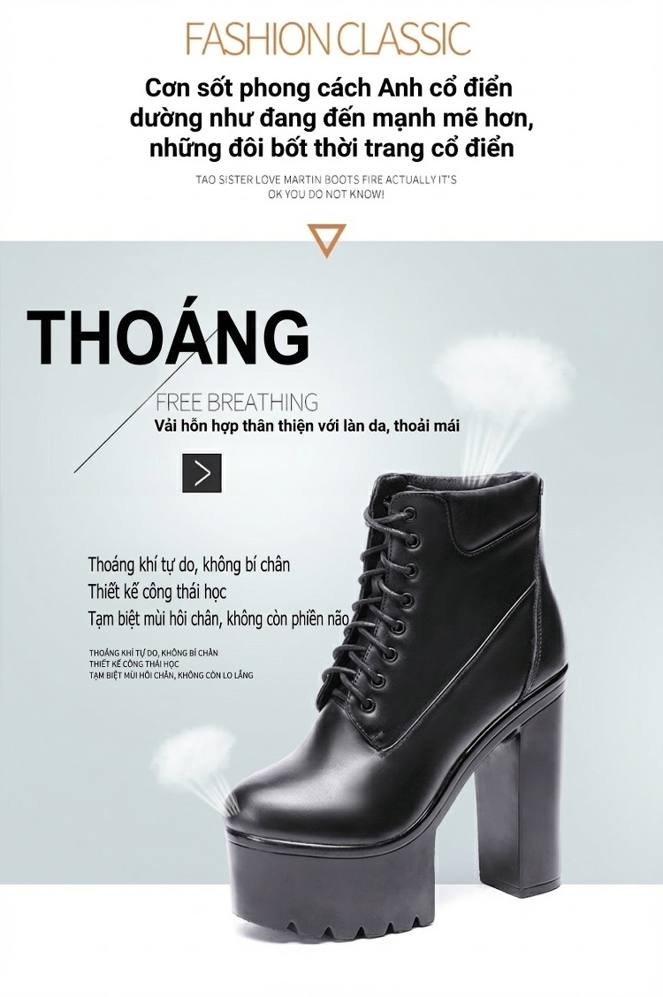 Boot Martin Nữ Cổ Cao Đế Dày 15cm Da Bóng Buộc Dây Phong Cách Âu Mỹ Màu Đen, Trắng chi tiết 4