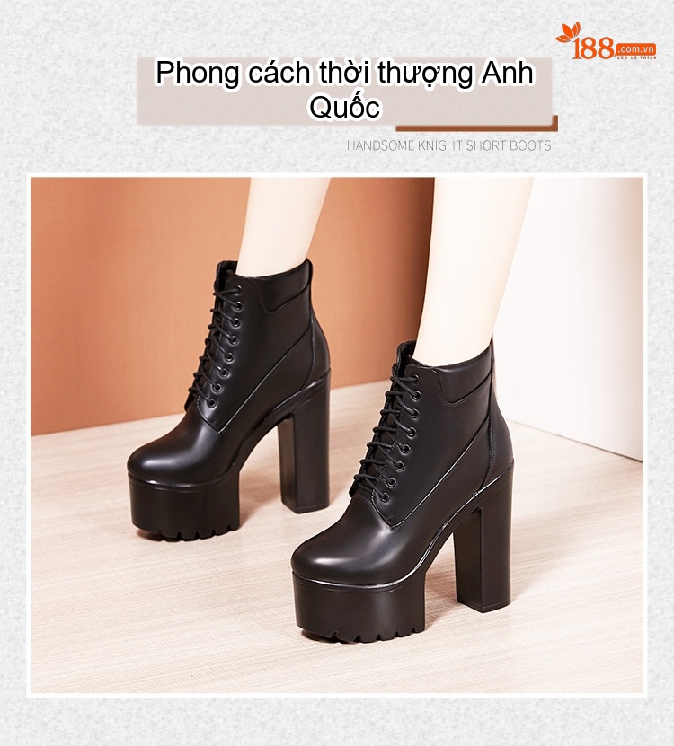 Boot Martin Nữ Cổ Cao Đế Dày 15cm Da Bóng Buộc Dây Phong Cách Âu Mỹ Màu Đen, Trắng chi tiết 1