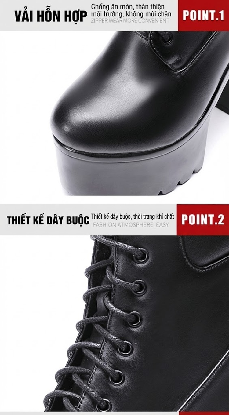 Boot Martin Nữ Cổ Cao Đế Dày 15cm Da Bóng Buộc Dây Phong Cách Âu Mỹ Màu Đen, Trắng chi tiết 5