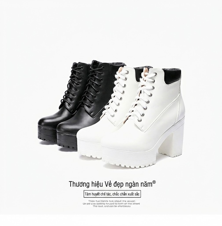 Boot Martin Nữ Cổ Cao Đế Dày Gót Vuông Lót Lông Chiều Cao Đế Khoảng 8cm Màu Đen, Trắng chi tiết 16