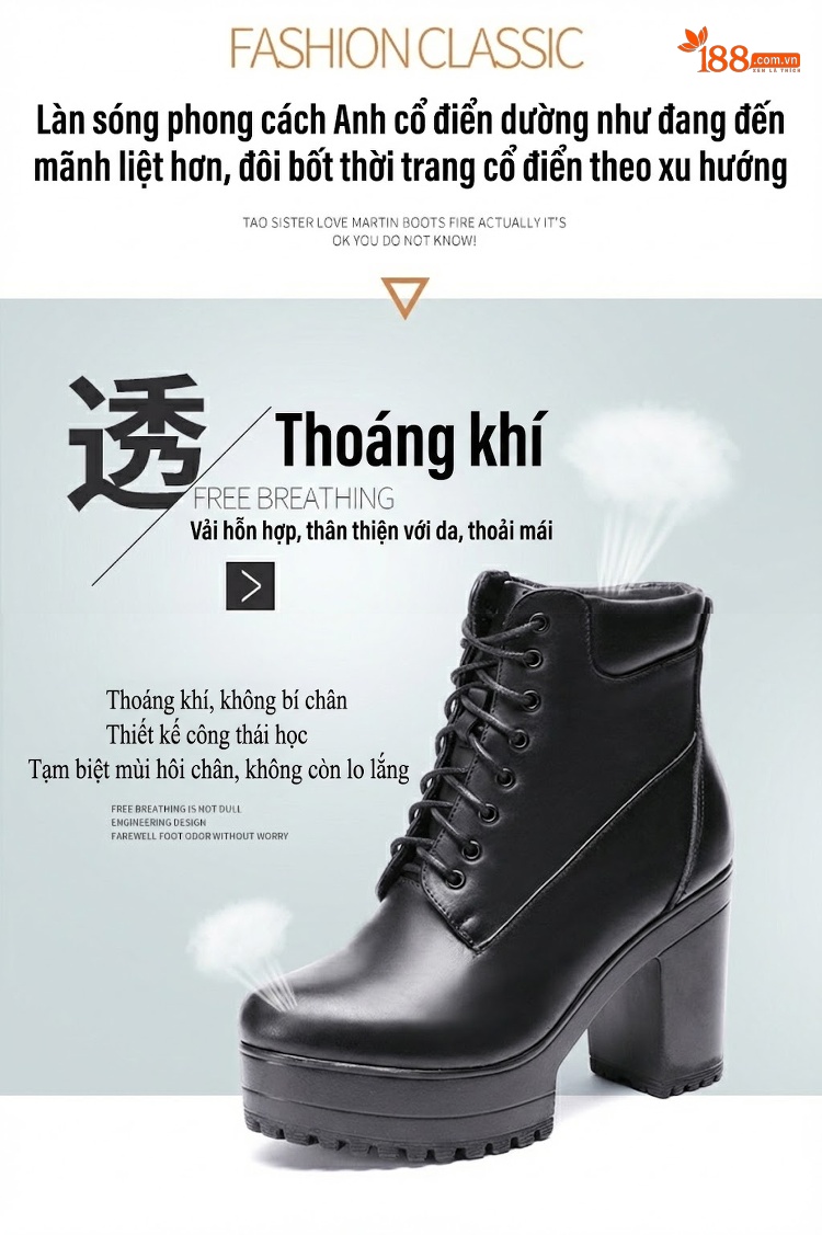 Boot Martin Nữ Cổ Cao Đế Dày Gót Vuông Lót Lông Chiều Cao Đế Khoảng 8cm Màu Đen, Trắng chi tiết 4
