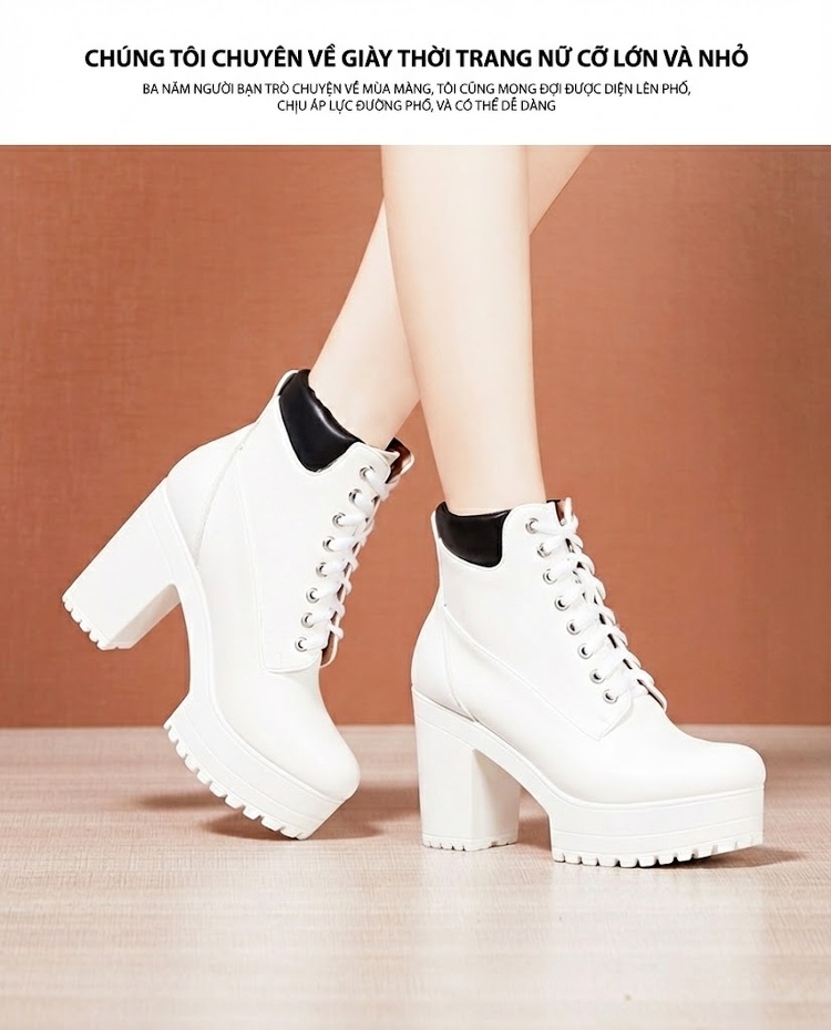 Boot Martin Nữ Cổ Cao Đế Dày Gót Vuông Lót Lông Chiều Cao Đế Khoảng 8cm Màu Đen, Trắng chi tiết 10