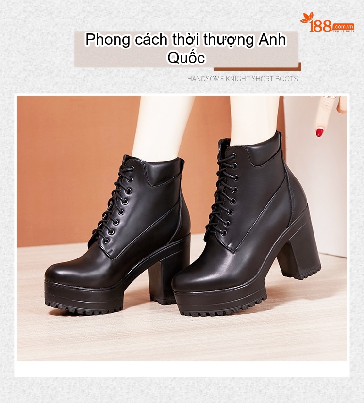 Boot Martin Nữ Cổ Cao Đế Dày Gót Vuông Lót Lông Chiều Cao Đế Khoảng 8cm Màu Đen, Trắng chi tiết 1