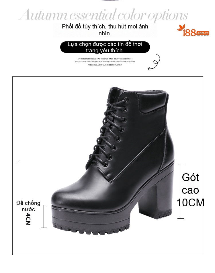 Boot Martin Nữ Cổ Cao Đế Dày Gót Vuông Lót Lông Chiều Cao Đế Khoảng 8cm Màu Đen, Trắng chi tiết 3