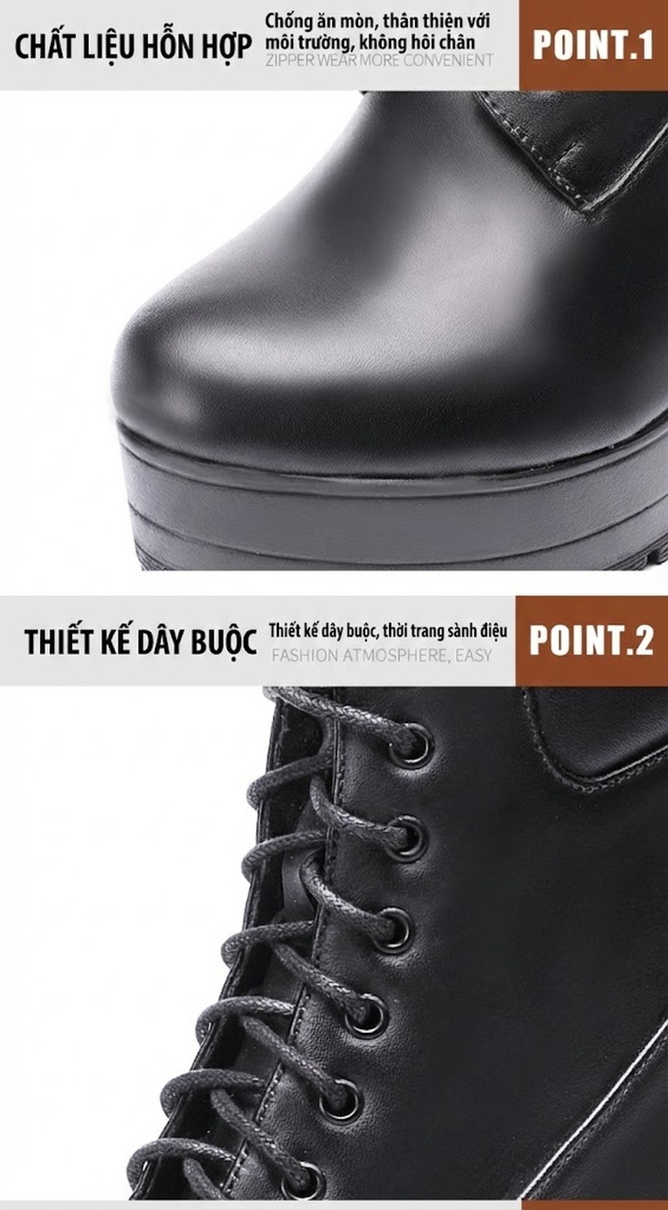 Boot Martin Nữ Cổ Cao Đế Dày Gót Vuông Lót Lông Chiều Cao Đế Khoảng 8cm Màu Đen, Trắng chi tiết 5