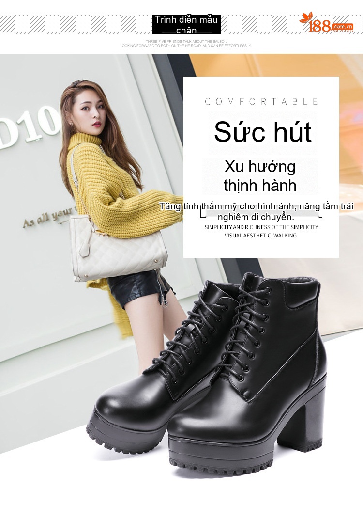 Boot Martin Nữ Cổ Cao Đế Dày Gót Vuông Lót Lông Chiều Cao Đế Khoảng 8cm Màu Đen, Trắng chi tiết 6