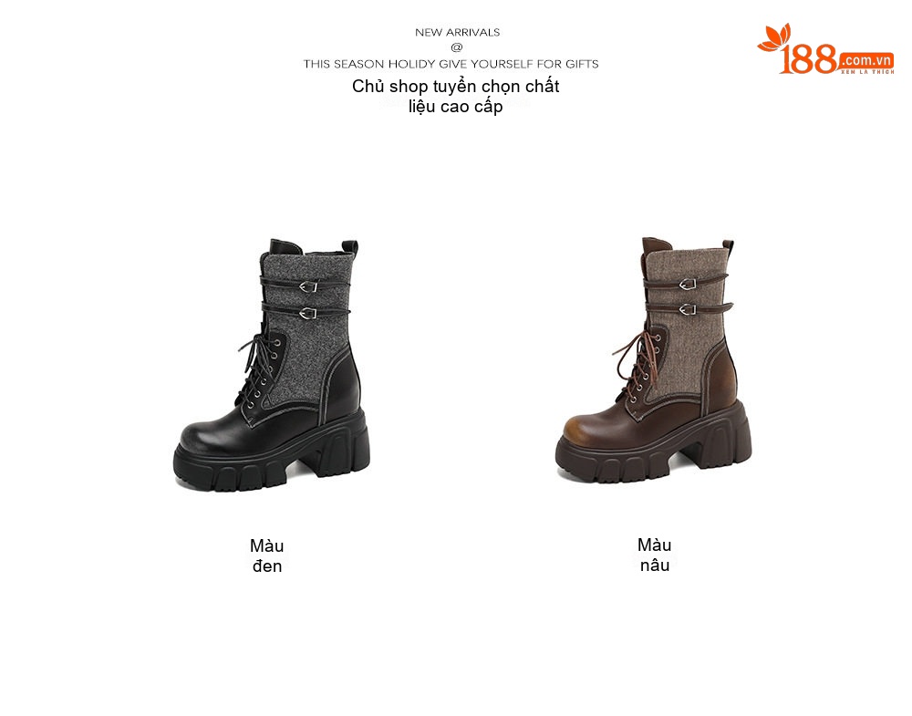 Boot Martin Nữ Cổ Lửng Da Bóng Chiều Cao Đế Khoảng 10cm Màu Đen, Nâu chi tiết 2