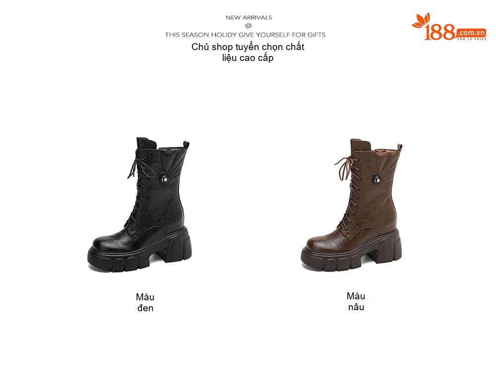 Boot Martin Nữ Cổ Lửng Da Bóng Đế Cao 10cm Phong Cách Retro Màu Đen, Nâu chi tiết 2