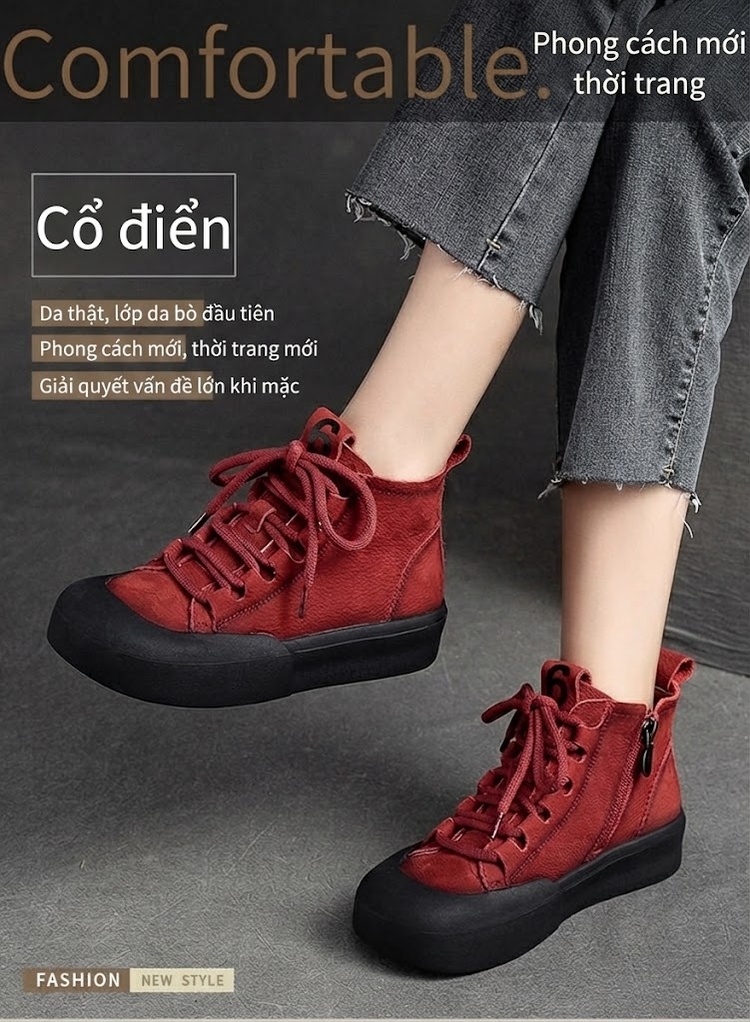 Boot Martin Nữ Cổ Ngắn Dây Buộc Da Mờ Chiều Cao Đế Khoảng 4cm Màu Nâu, Đỏ chi tiết 2