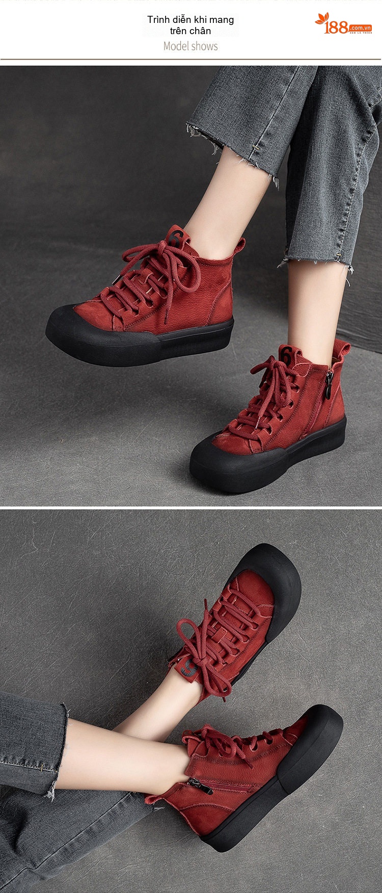 Boot Martin Nữ Cổ Ngắn Dây Buộc Da Mờ Chiều Cao Đế Khoảng 4cm Màu Nâu, Đỏ chi tiết 6