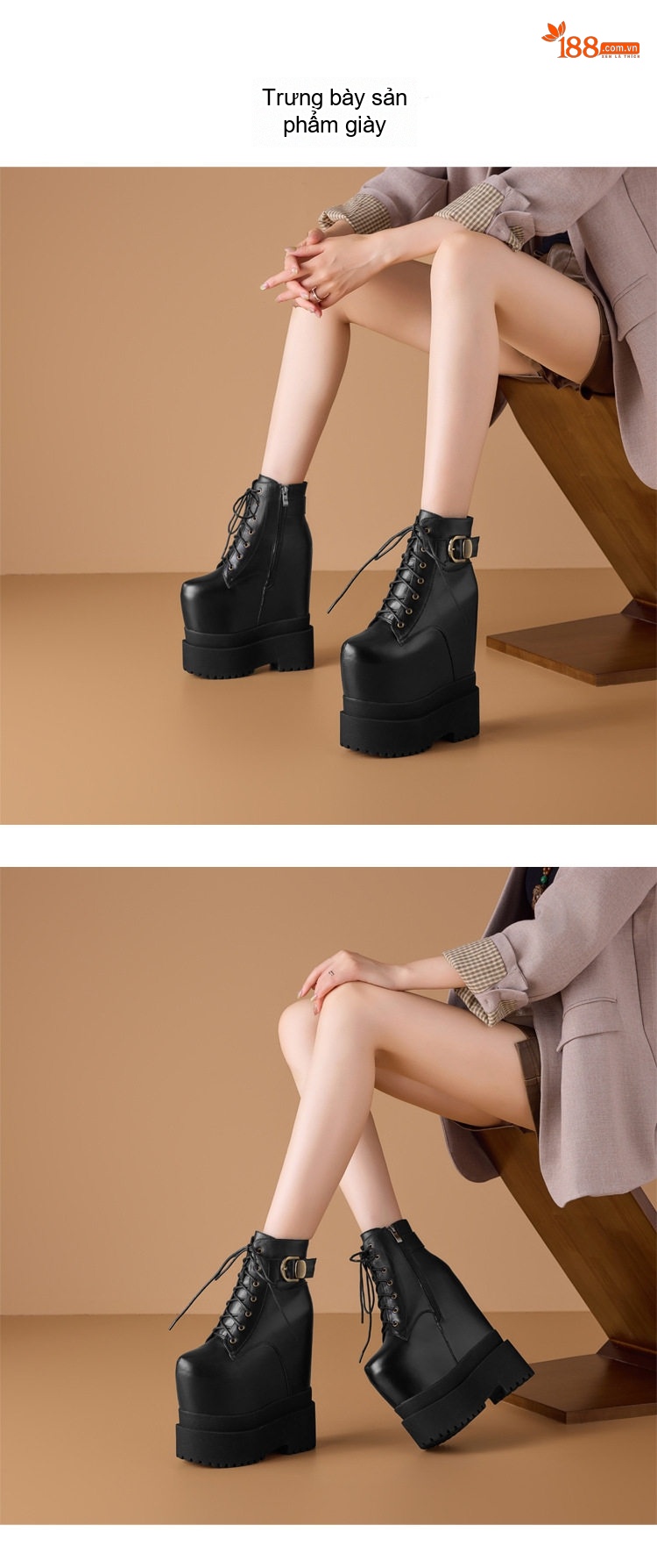 Boot Martin Nữ Cổ Ngắn Đế Xuồng Da Bóng Chiều Cao Đế Khoảng 8cm Màu Nâu, Đen chi tiết 1