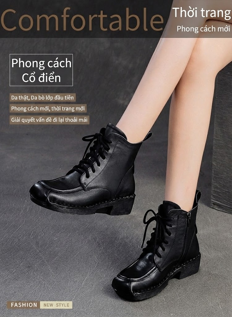 Boot Martin Nữ Cổ Thấp Da Bóng Khóa Kéo Bên Hông Chiều Cao Đế Khoảng 3cm Màu Đen, Nâu chi tiết 1