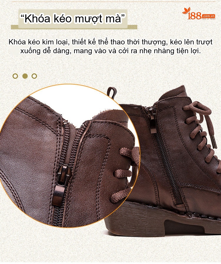 Boot Martin Nữ Cổ Thấp Da Bóng Khóa Kéo Bên Hông Chiều Cao Đế Khoảng 3cm Màu Đen, Nâu chi tiết 7
