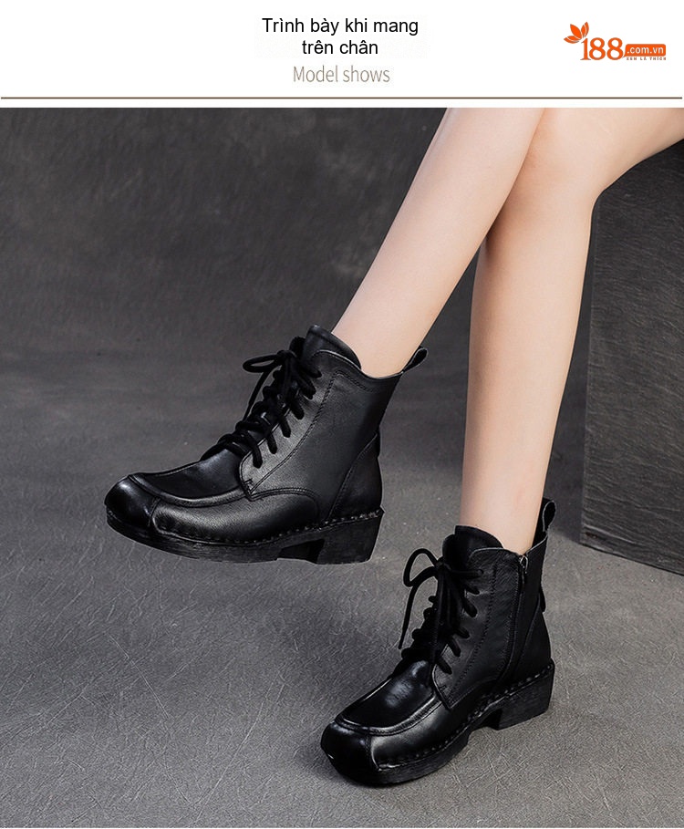 Boot Martin Nữ Cổ Thấp Da Bóng Khóa Kéo Bên Hông Chiều Cao Đế Khoảng 3cm Màu Đen, Nâu chi tiết 8